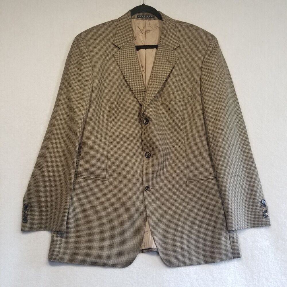 Hugo Boss 44R Sport Coat 3 Button Tan Silk Wool Blend Plaid Classic Business
